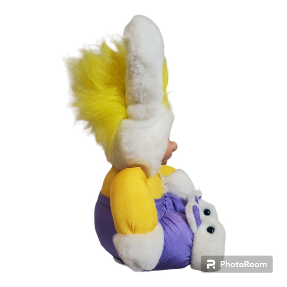 Vintage 1992 Easter BUNNY TROLL plush doll, 90s yellow hair troll with Bunny ear - Picture 3 of 9